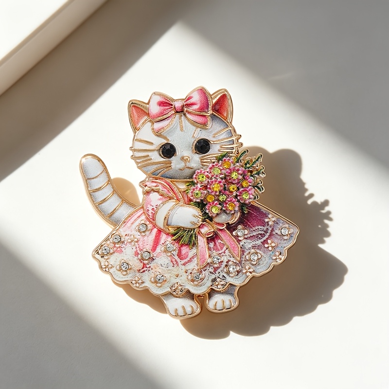 TEMU 1pc Rhinestone Lace Dress Bouquet Cat Enamel Brooch, Vintage Lolita Light , Suitable For Denim Jacket/sweater/coat/backpack/hat, Ideal For