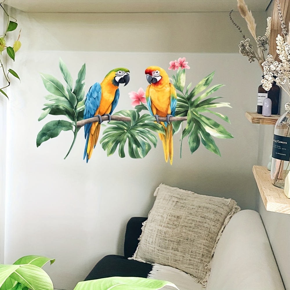 Image of Watercolor Branch Leaf Parrot Wall Sticker For Bedroom, Living Room, And Entryway Decoration