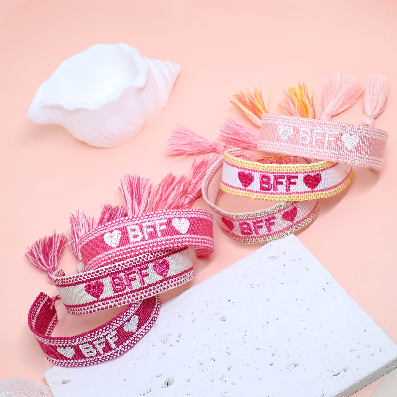Image of A Set Of 6 Pink Romantic And Elegant Friendship Bracelets, Handcrafted In A Bohemian Style, Perfect For Weddings, Parties, Concerts, And Festive Occasions
