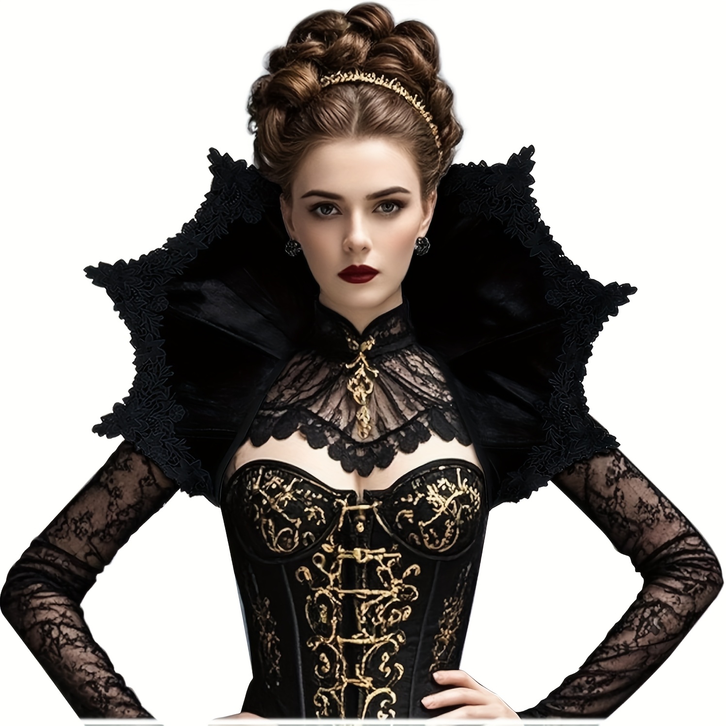 E-shop Gothic Stehkragen Spitzen Cape Kragen Dunkler Bündelrock, Gestickter Fächerförmiger Mesh Rock mit Spinnennetzmuster Schwarze Rollenspiel