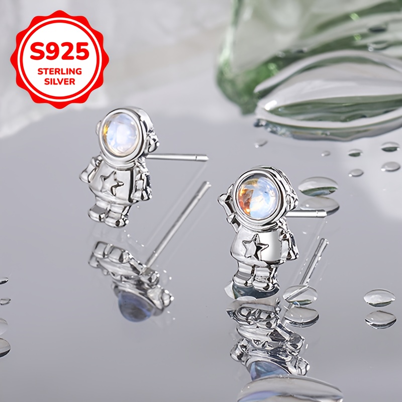 925 Silver Moonstone Astronaut Earrings