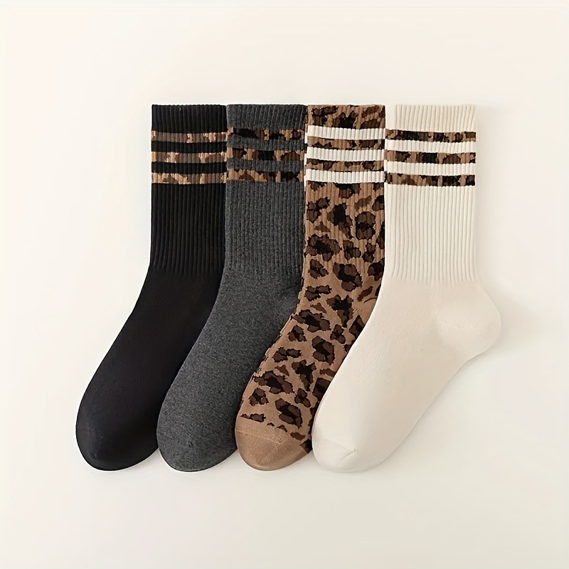 E-shop 4 Paar Damen Streifensocken, modische Leopardmuster Mid-Calf Socken, lässiger Sportstil - weich und bequem, geeignet für alle Jahreszeiten