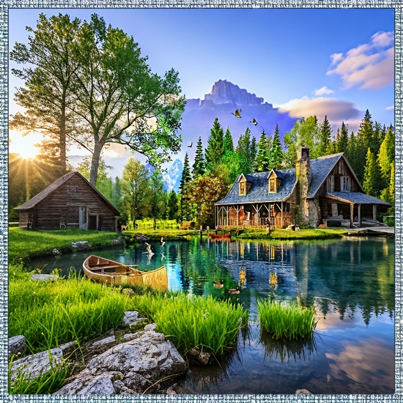 

5d Diy Diamond Painting Kit Landscape Theme | Round Drill Diamond Art | Beginner Friendly Canvas Mosaic Craft | Scenic Lake & Cabin Stitch | Home Decor Gift - Multiple Sizes Available