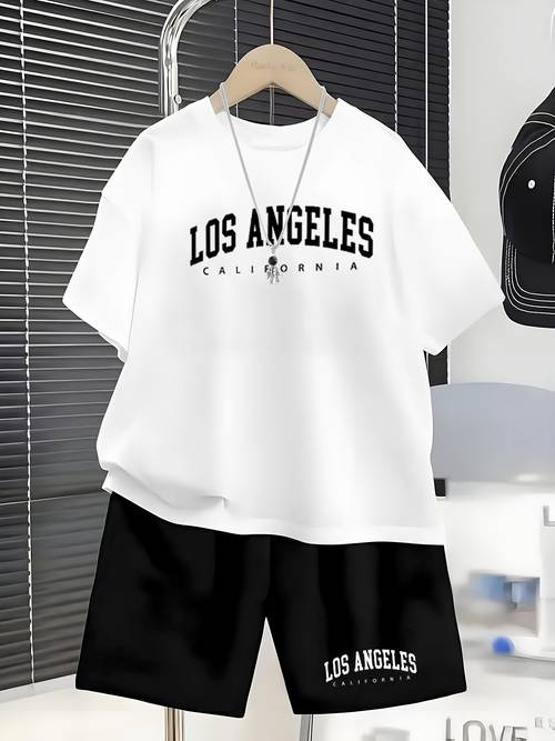 2 komada dječja ležerna kratkih rukava i kratke hlače s printom los angeles | kratkih rukava i kratke hlače, američki stil, regular fit, blago rastezljiva tkanina, za proljeće/ljeto/jesen, za van