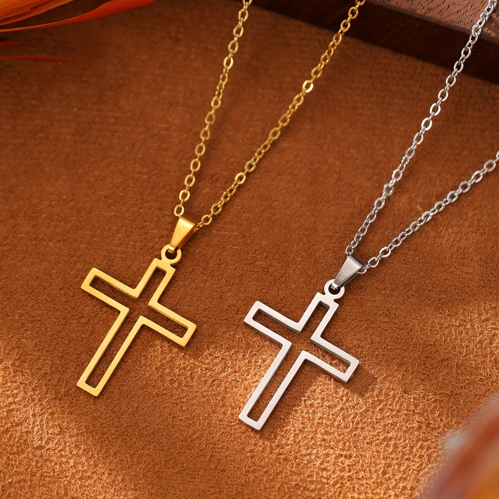 Image of 2pcs Minimalist Hollow Cross Pendant Necklace Couple Matching Necklaces Stainless Steel Cross Pendant Collarbone Chain Suitable For Valentine's Day Anniversary Fashion Jewelry Gift