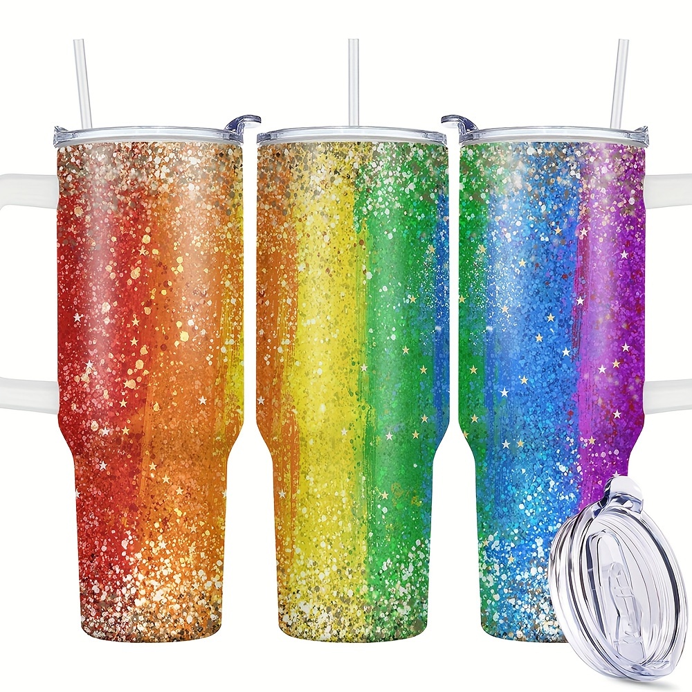 

1pc, 40oz Tumbler With Lid, Rainbow Glitter Print Stainless Steel Water Bottle, Vacuum Insulated Water Cups, Summer Winter Drinkware, Outdoor Travel Accessories, Birthday Gift