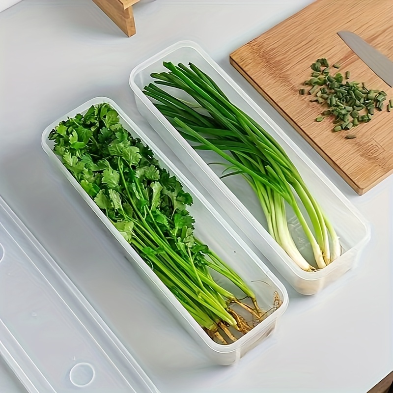 2/6pcs Long PP Plastic Vegetable Storage Containers - Durable Airtight Kitchen Organizer for Cilantro, Green Onions, Mint & More - Refrigerator Replacement Bins, Appliance-Friendly Food Savers
