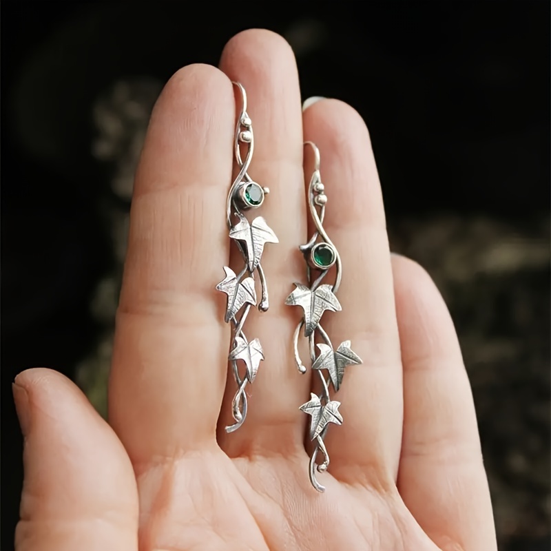 

Silvery Boho Engraved Leaf Drop Dangle Earrings Inlaid Synthetic Gemstone 925 Silver Plated 1 Pair