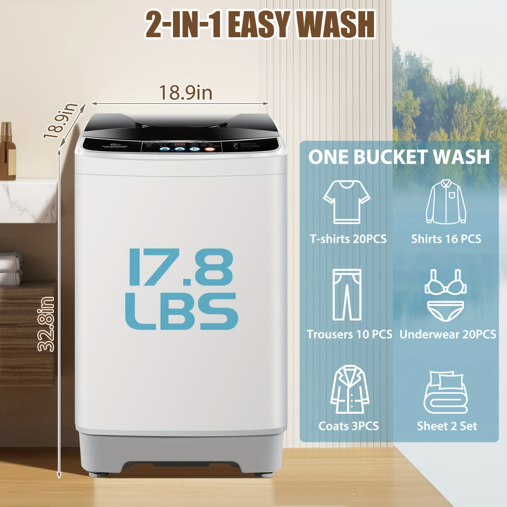

17.8lbs Capacity, 2.4 Cu.ft Full-automatic Portable Washer Machine With 10 Programs & 8 Water Levels Selections, Low Noise, Led Display, Washing Machine For Apartment, Home, Dorms