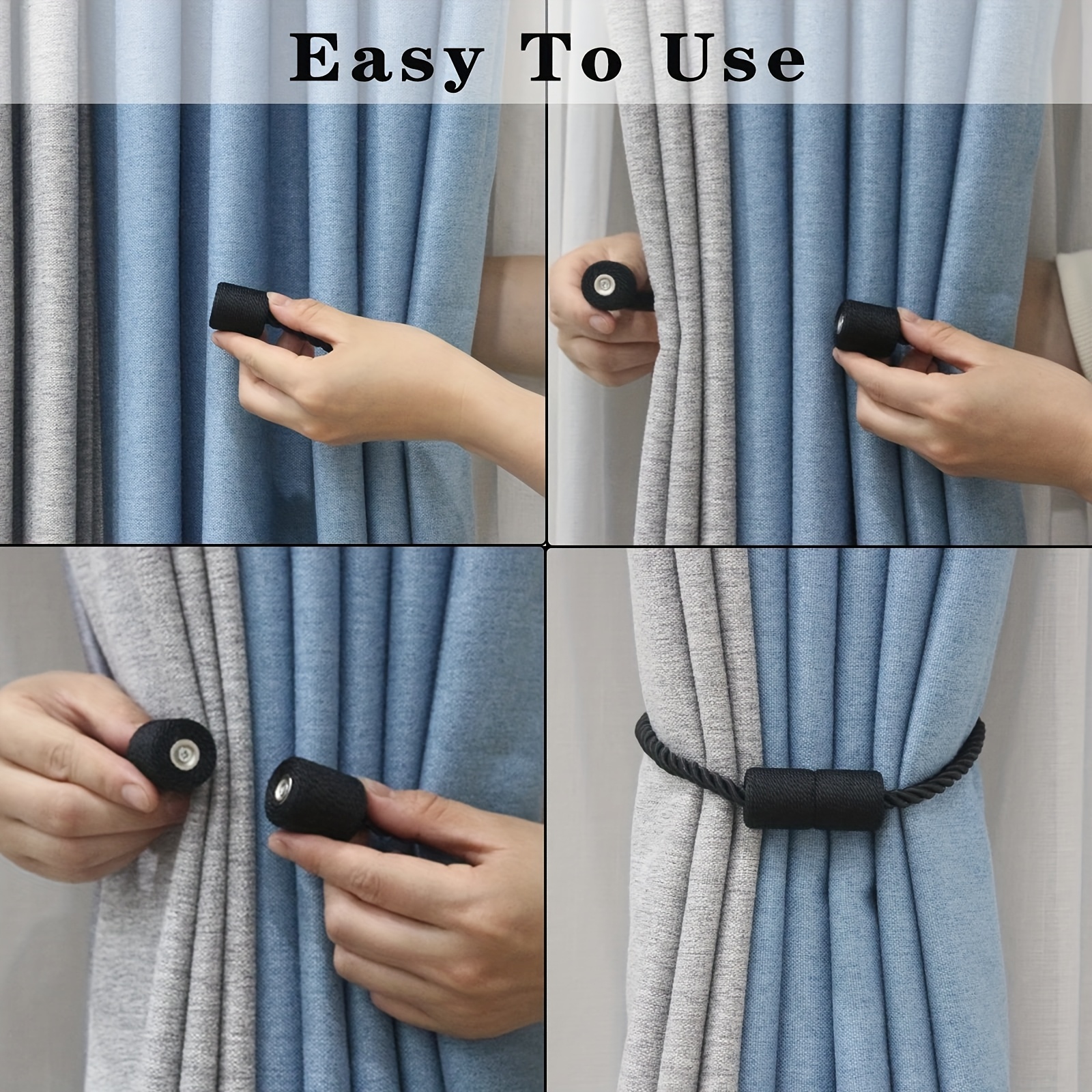 2 Pack Black Strong Magnetic Curtain Tiebacksoutdoor Elegant Decorative Tie Backs Modernrope Tiebacks for Drapes Window Curtainholdbacks for Draperies