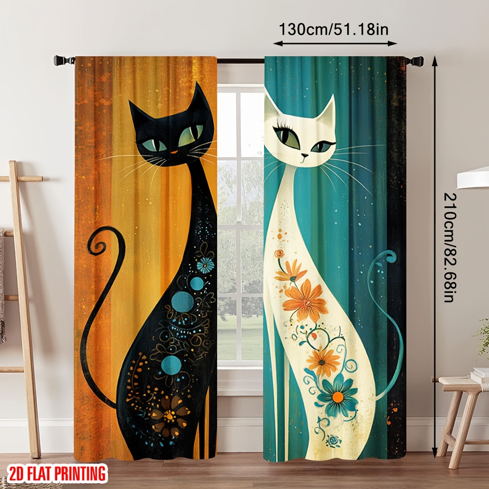 TEMU 2d Flat - 2d Flat - 2d Flat, 2pcs Halloween Black Cat Room Darkening Curtains, Decorative Panels For Makeover
