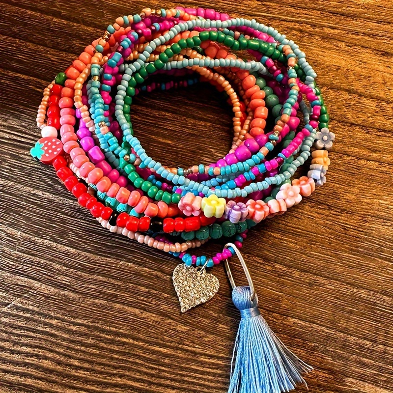 

Boho-chic 13pc Handwoven Beaded Bracelet Set With Tassel Accents - Elegant Glass Stretch Jewelry For Women, Perfect For Everyday Wear & Gifting Earrings For Women Necklaces For Women