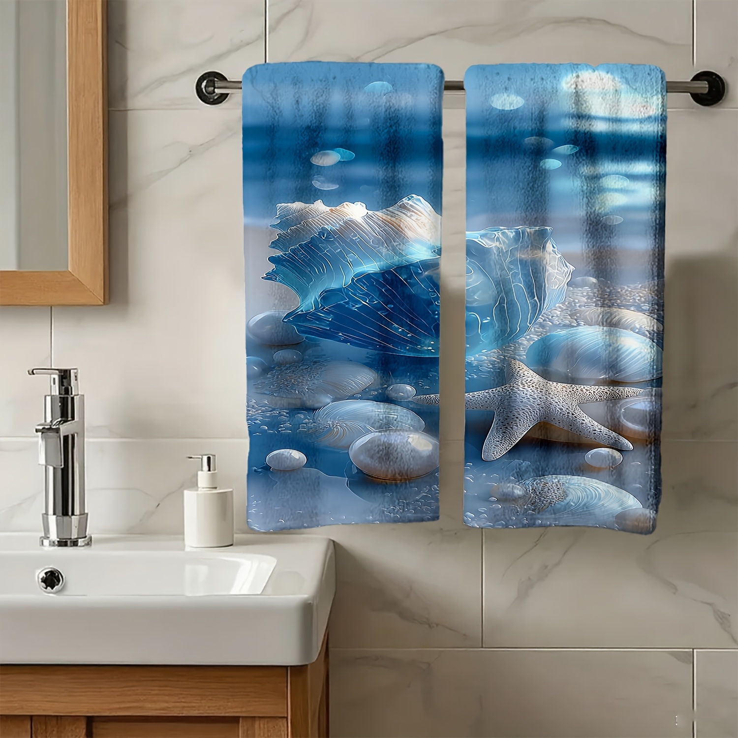 TEMU 1pc, 2pcs Hand Towel, Seashell, Starfish, Pearl, Seaside Pattern, Soft Material, Absorbent Towel, Material, Minimalist Style, Suitable For