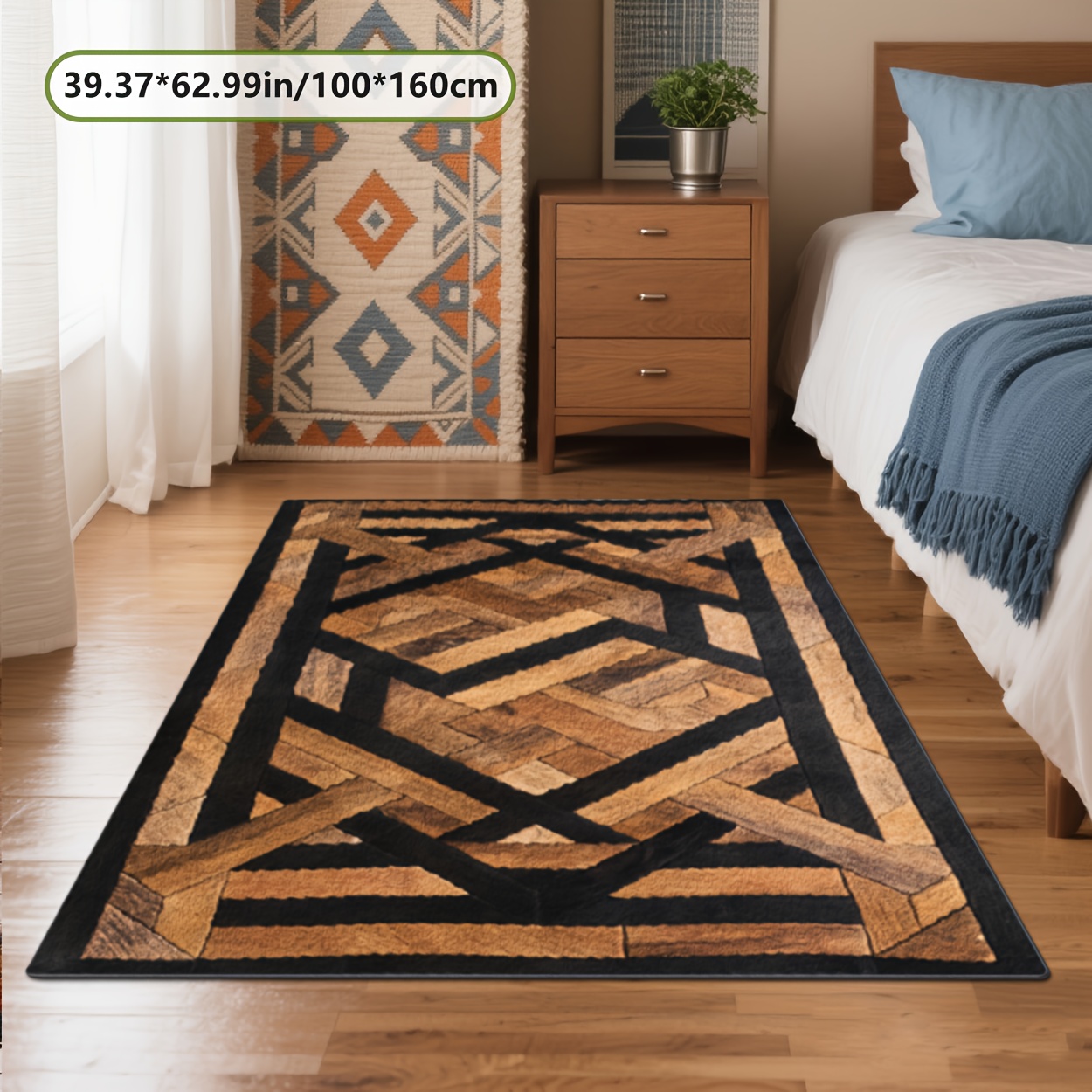 TEMU Tapis de Décoration en Style Géométrique Patchwork à Impression Plate 2D avec Dos en Caoutchouc à et Peluche Douce, Réduit les Bruits de Pas et
