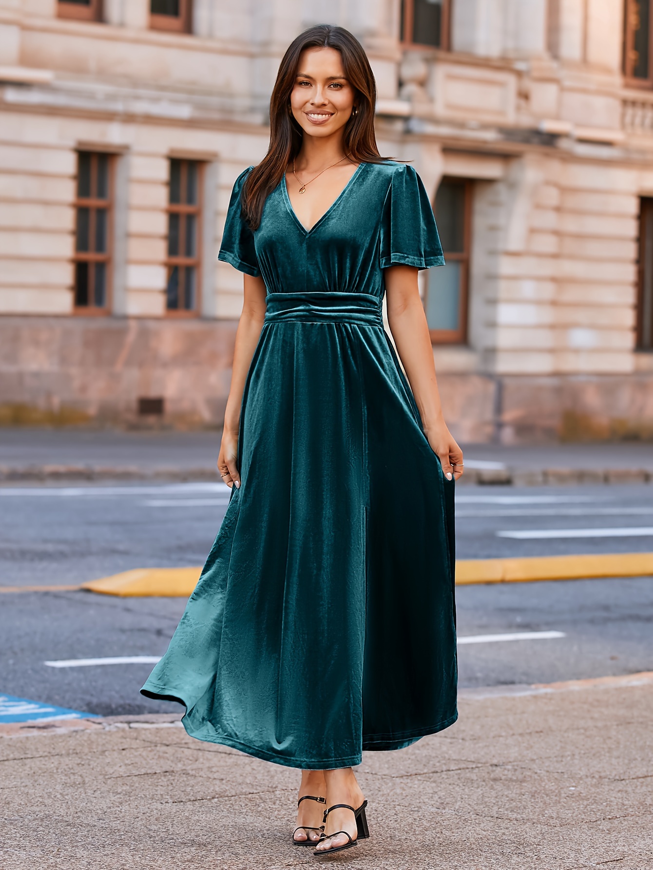 green emerald velvet dress GLS Long Formal Pleated Empire Waist Prom Dress - Rose Gold - Sleeveless Illusion V-Neck - Size Xs