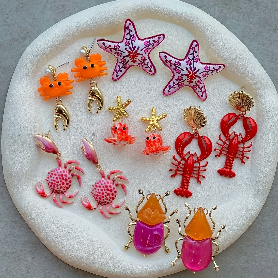 TEMU Juego de 6 piezas/3 , estilos , , juego de aretes de esmalte colorido para mujer con temática de , langosta y , juego versátil de aretes