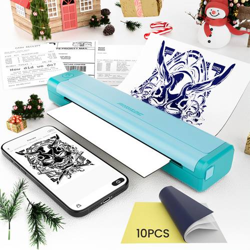 portable thermal printer suitable for smartphones tablets with 10 sheet tattoo transfer paper compatible for instant thermal paper printing operation for office use