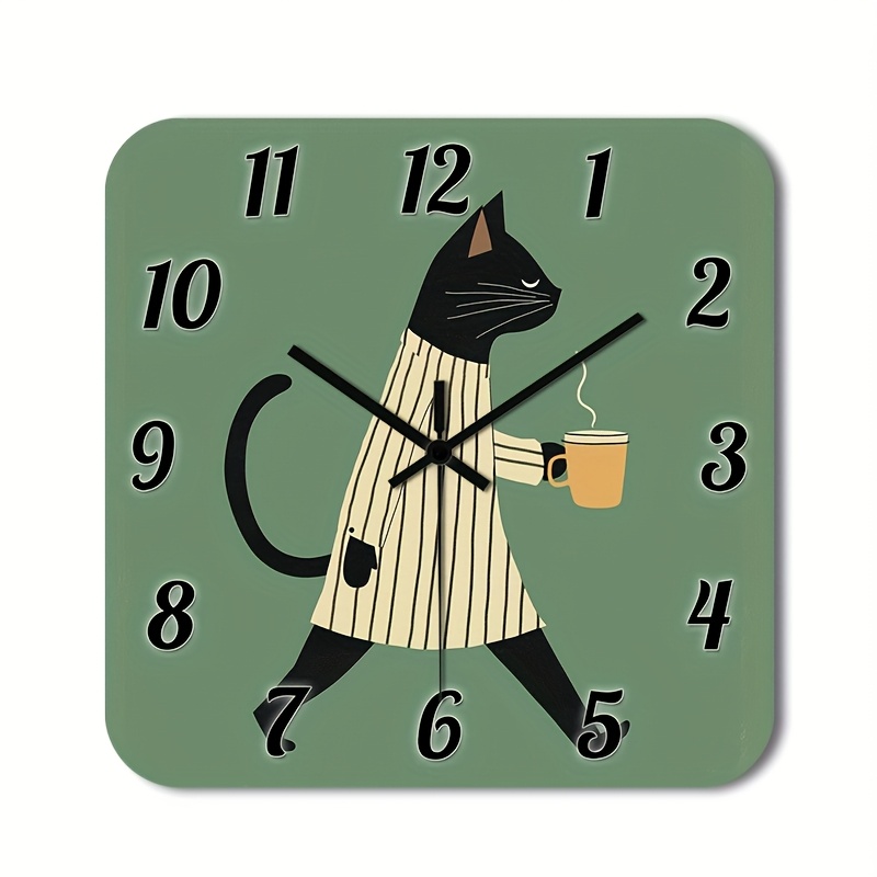 TEMU 1pc Of A Quiet Wall Clock That Tick, Featuring A Decorative Square Design With A High-definition Glossy End, Showcasing An Illustration Of A Cat