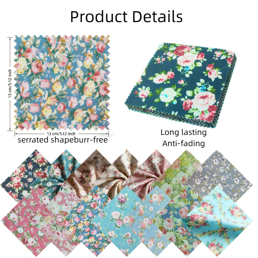 TEMU 42 pièces de tissus floraux européens, 5,12 pouces par 5,12 pouces, carrée avec bord dentelé, durables et résistants à la décoloration, détails