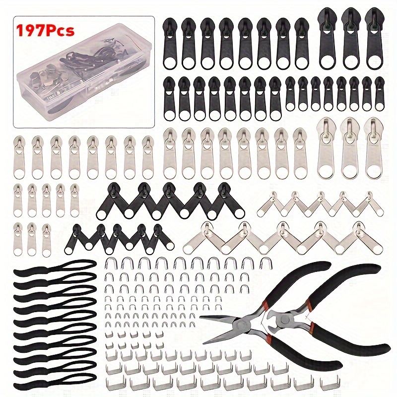 

197pcs Zipper Repair Kit With 2 Installation Pliers, Universal Zipper Replacement For Sleeping Bags, Jackets, Tents, Luggage, And Backpacks, Variety Of Sizes And Colors