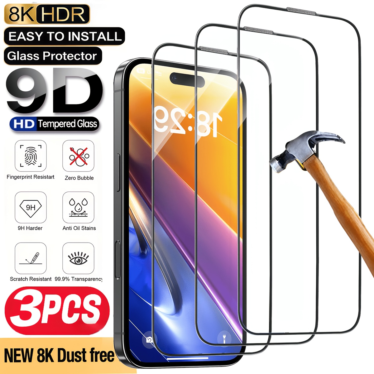 3-pack, Ultra-high Definition Tempered -coverage Screen Protector, Compatible With Iphone 17 Pro Max/17 Pro/17e/16 Pro Max/16 Pro/16/15 Pro Max/15 Pro/14 Pro/14, 13/13 Pro