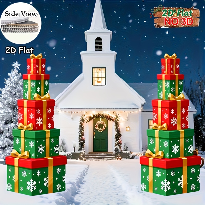 TEMU 2d Flat, 2pcs Set Large Stacked Christmas Gift Box Yard Decorations - Heavy-duty Plastic Outdoor/indoor Snow-covered Boxes With Red & Green