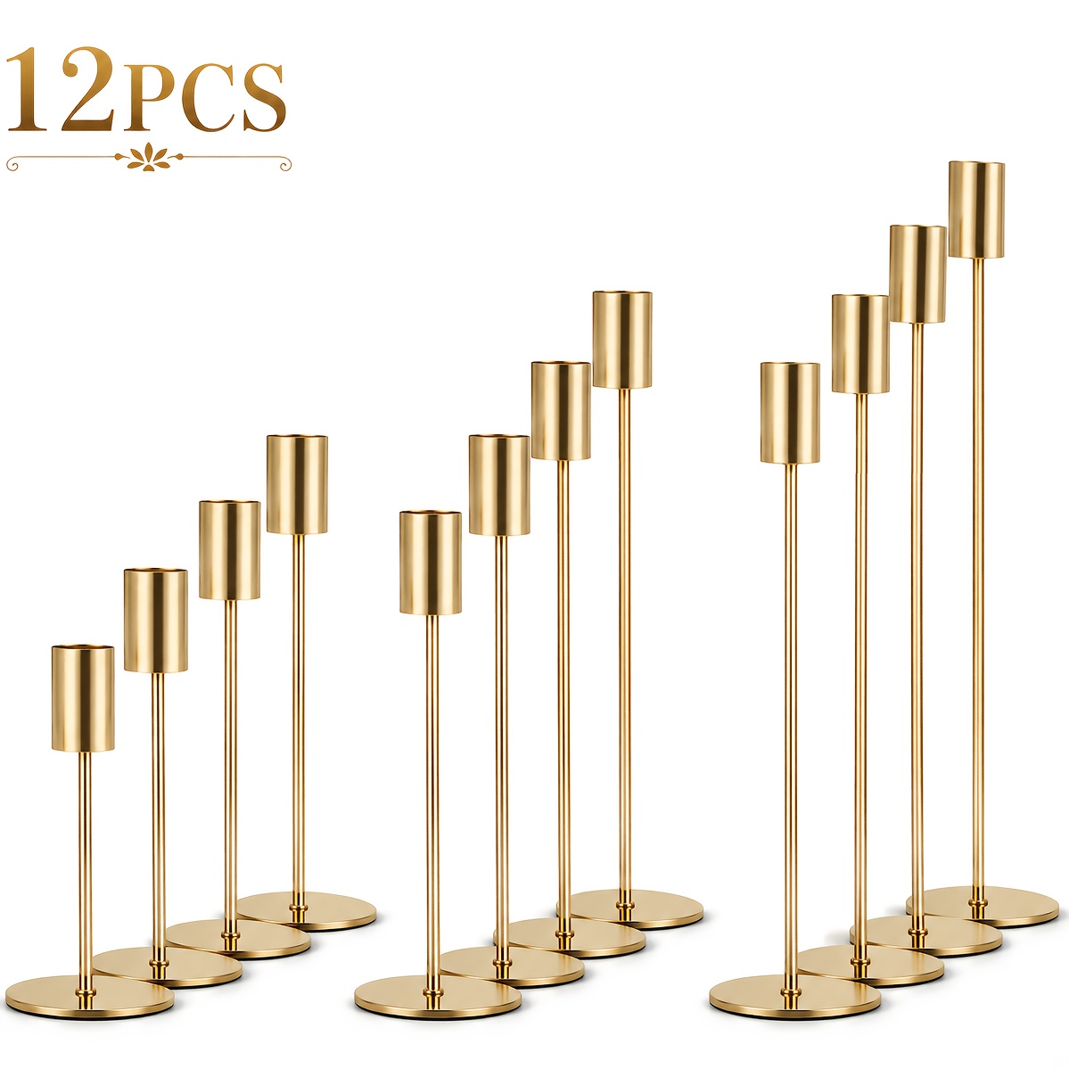 TEMU 12pcs Golden Candlestick Holders, Taper Candle Holders For Table Centerpiece, Tall Holders With Stable Round Base For Wedding, Dining Table,
