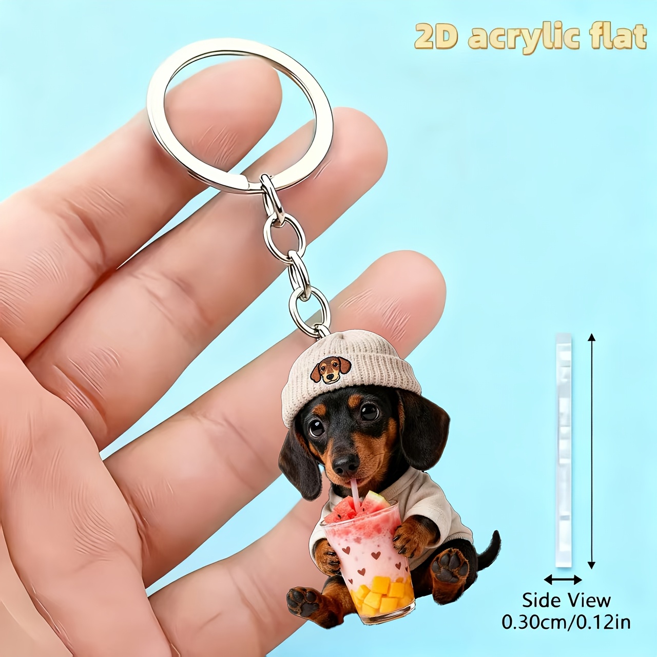 TEMU 2d Flat, 1pc Cute Dachshund Drinking Juice Design Keychain, Fun Multifunctional Keyring, Suitable For Car Keychains, Phone Keychains, Bag And