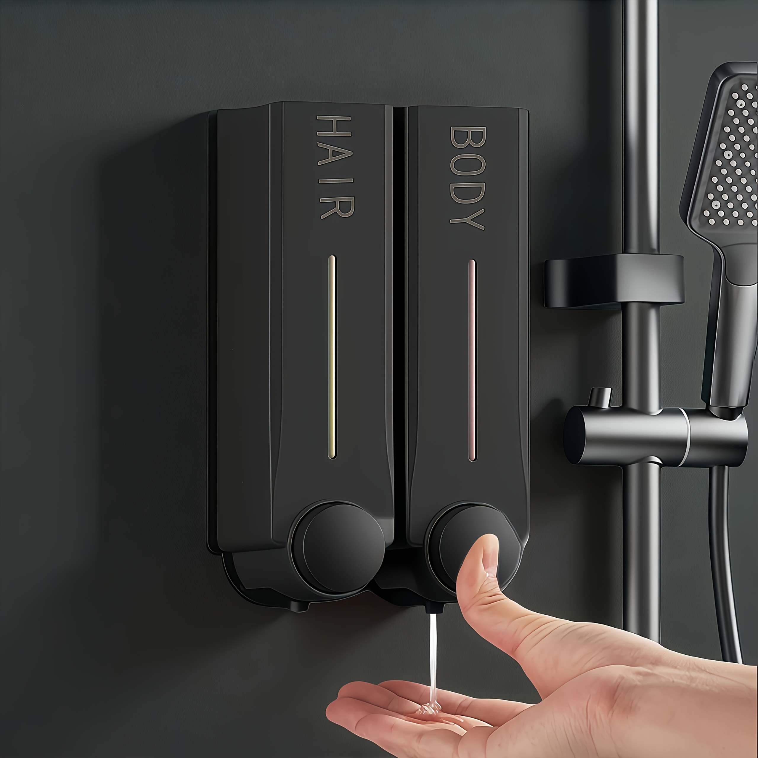 TEMU 2pcs Elegant Black Wall-mounted Liquid Soap Dispenser, Abs Material, Suitable For Hotels, With Replaceable Bottle Casing, For Shampoo And Body