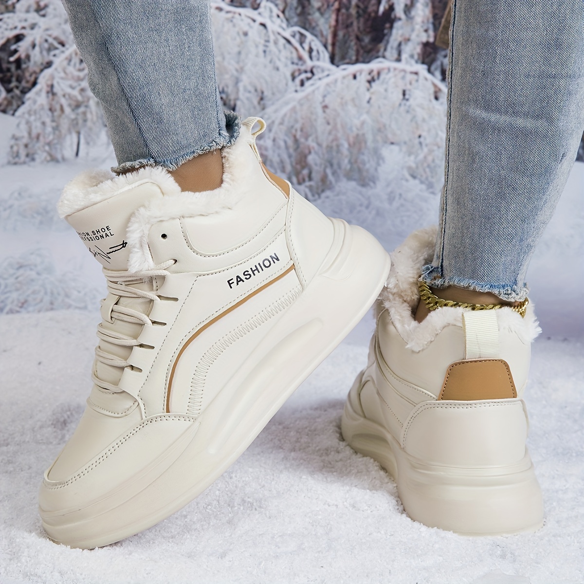 Dames Winterklaar Hoge Sneakers Dikke Koubestendige Schoenen met Pluche  Microvezel Voering, Beige Wit Kunstlederen Bovenwerk, MD Grip Warm