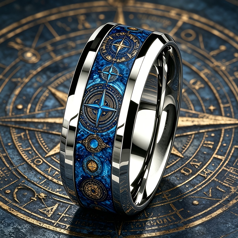 Retro Elegant Blue Galaxy Celestial Compass Ring