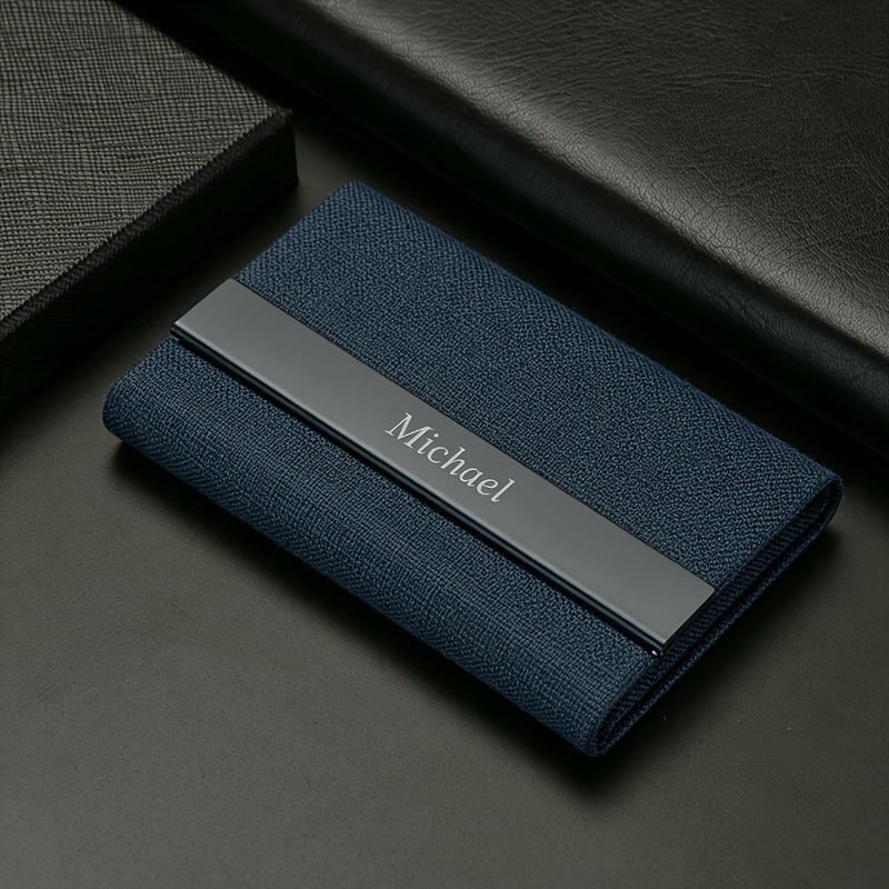 TEMU Customizable Stainless Steel Business Card Holder, With Text, Comfortable Grip, Magnetic Flip Cover, Fashionable , Durable, Suitable For Office