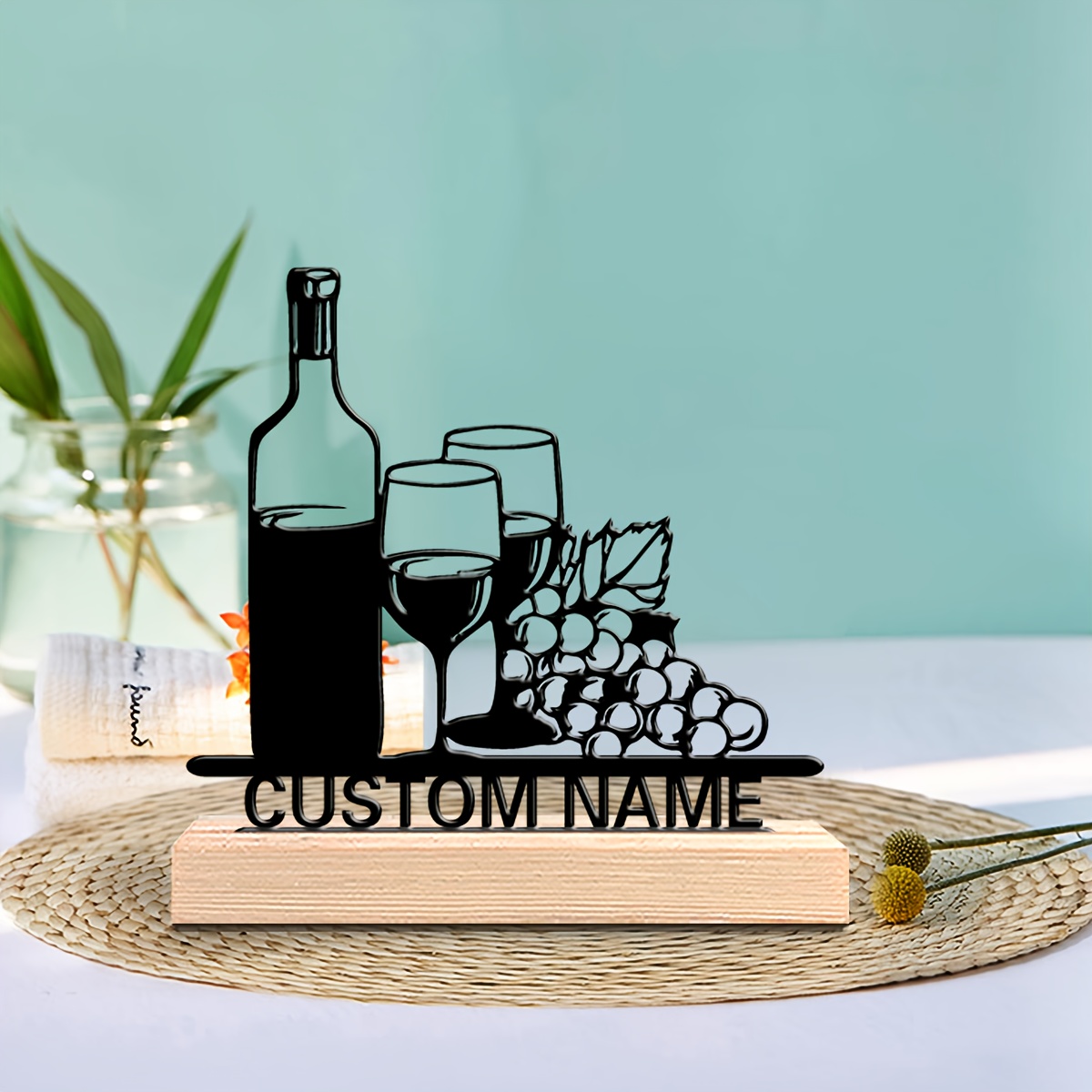 TEMU 1 Customizable Wine Metal Sculpture With Wooden Base - Art Renaissance Style Tabletop Decoration For Home, Office Or Wine Tasting - Suitable For