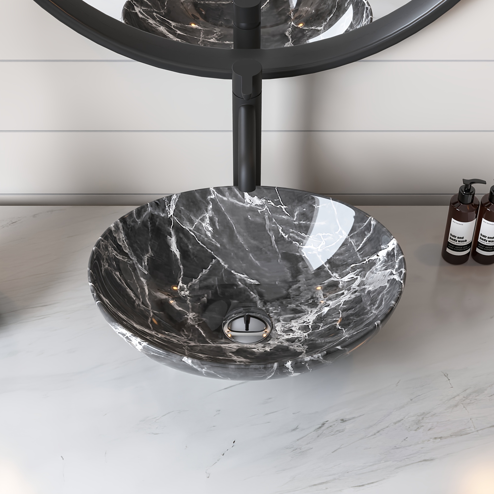Deervalley Countertop Basin, Marble Effect Oval Vessel Sink, Black White Above Counter Wash Basin, Modern Bathroom Sink, Table Top Basin, Hand Wash Basin For Small Bathroom, , & Guest Wc, 40 X 33cm