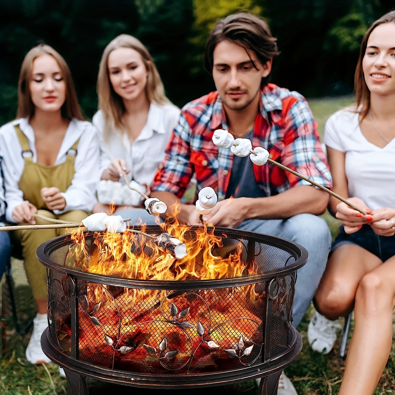 

Fire Bowls, Fire Bowl With Spark Guard, Fire Bowl Garden Ø71x65cm, Incl. Poker & Charcoal Grate, Fire Basket Retro Look, Fire Pit For Garden Camping Beach - Flower Grass Pattern