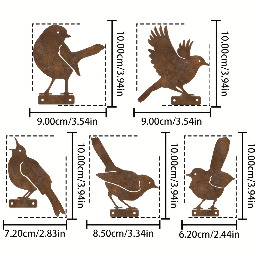 E-shop 2D Flach, 5 Stück Vintage Metallvogel Außenwanddekoration - Wetterfeste Oberfläche, Realistische Sitz- Flugpositionen, Gartendekoration für