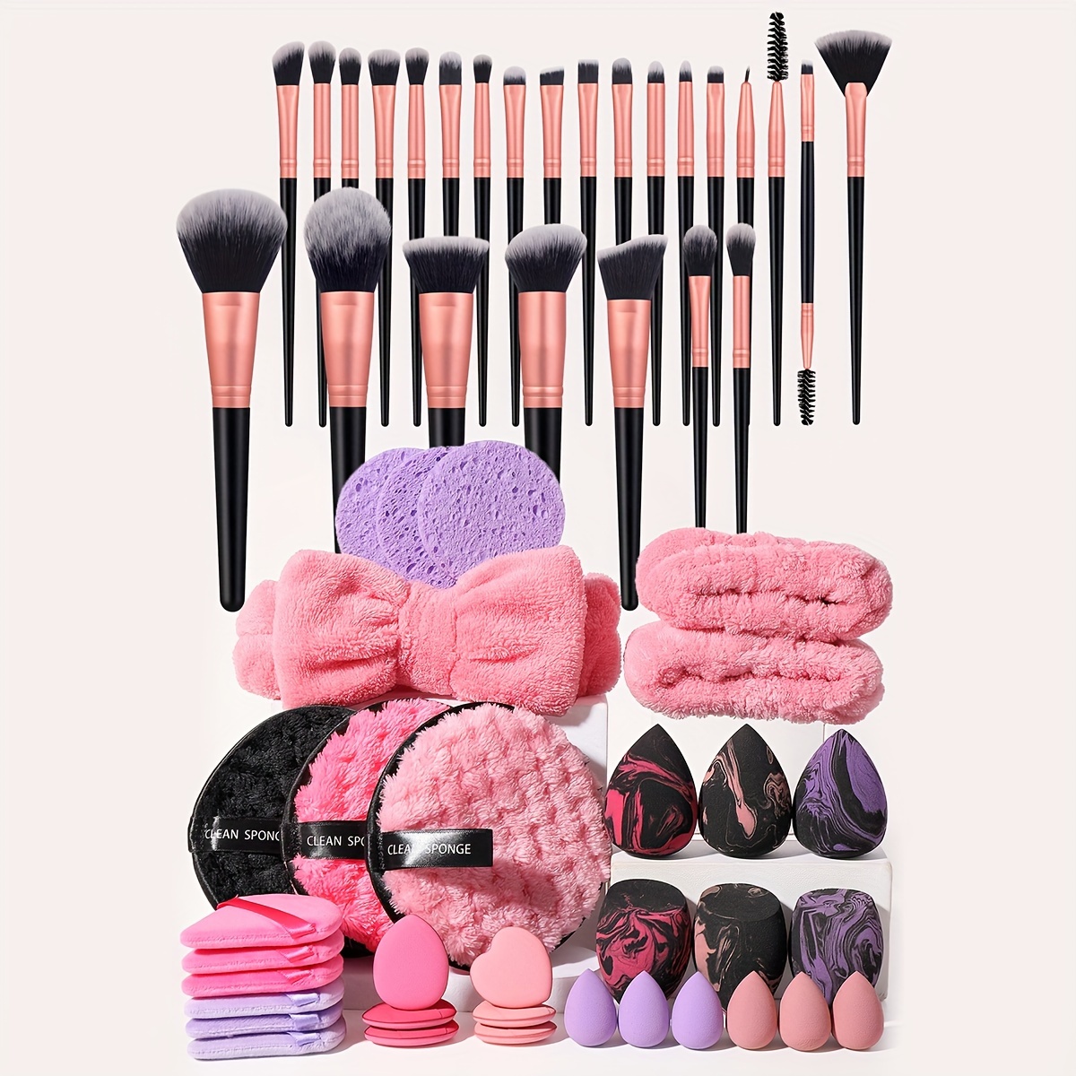 

25 Pcs Makeup Brushes And 33 Pcs Sponges Set With Hair Bands Kit, Hydrophilic Pu, Unscented, Suitable For Normal Skin - Multipurpose Beauty Tools For Flawless Makeup Application