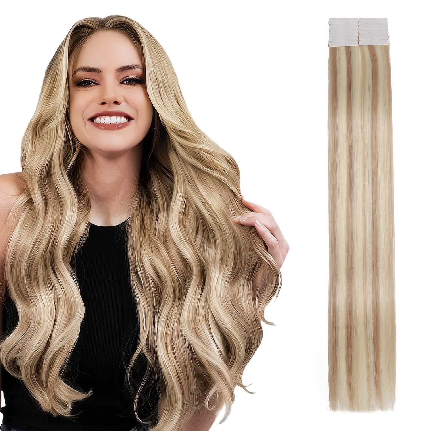E-shop Unsichtbares Haarverlängerung Synthetisches Glattes Haar Nahtlose Haarverlängerung Tape in 20 Inch, 10 Stück, 25G pro Packung, Geeignet für Alle