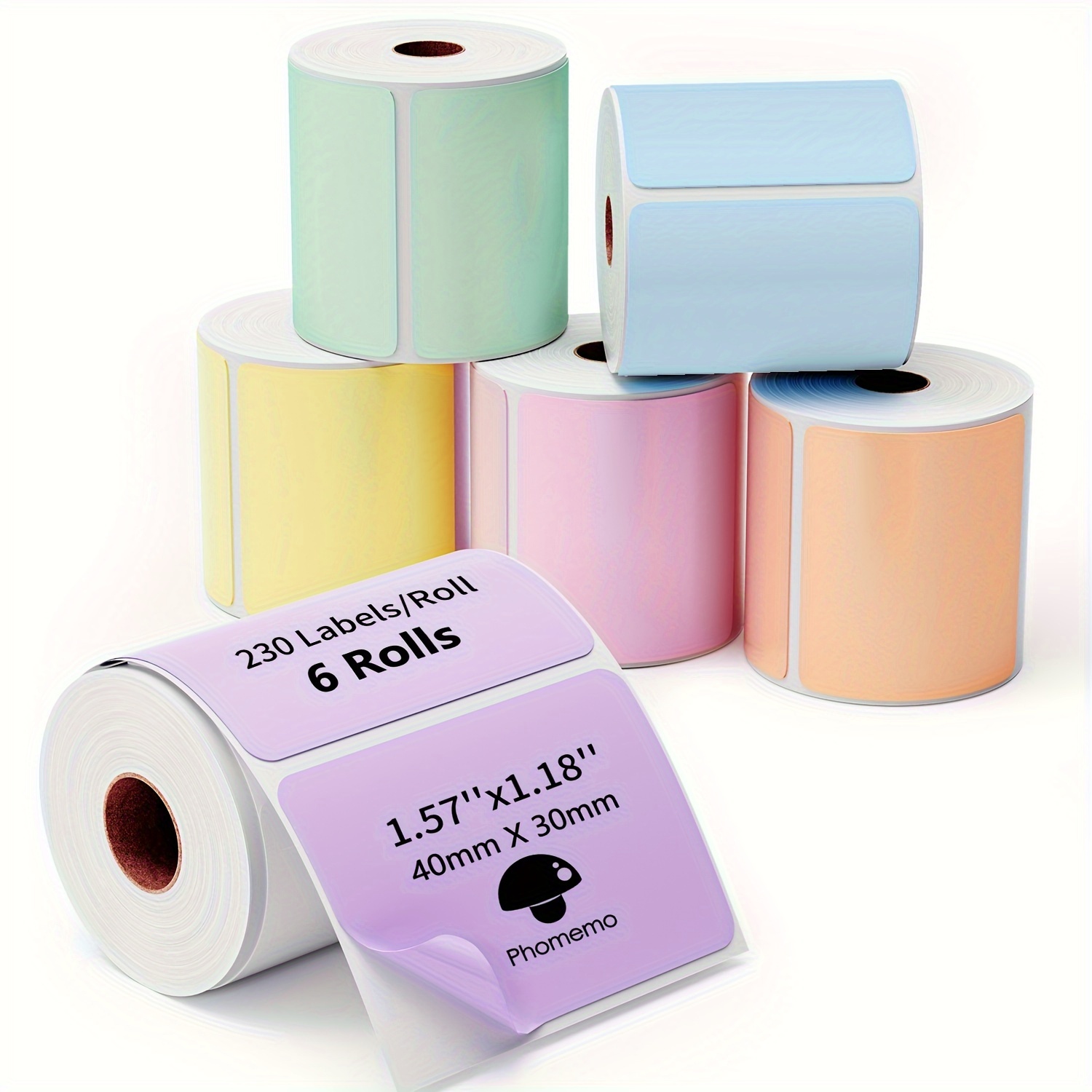 

Phomemo M110/m221/m220/m120/m200 Square Colorful Adhesive Labels 40x 30mm (1.57'' X 1.18''), 6 Rolls Of Thermal Label Paper, 230 Labels Per Roll (blue/pink/khaki/green/yellow/purple)