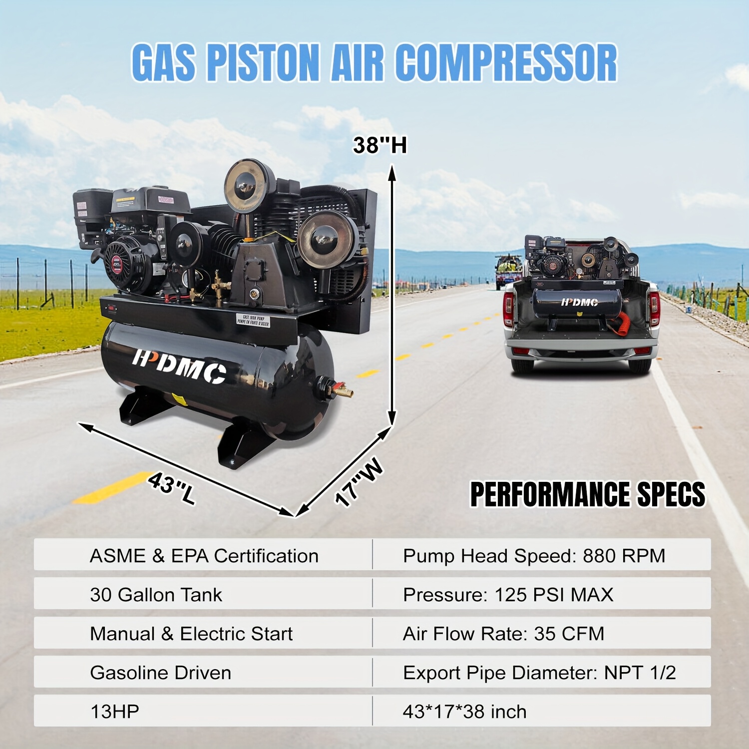 gas   compressor 13  35cfm gas driven piston pump air compressed system with 125psi max pressure and asme tank for worksho machinery construction sites Product details 0
