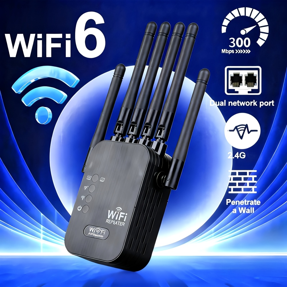 Répéteur Wifi Ultra-Rapide 2025 avec Puissance Maximale, Amplificateur de Signal Sans Fil Longue Portée pour Usage Domestique, Configuration Facile Plug-And-Play, Connecte 64 Appareils à la Fois, Dispose de 6 Antennes pour une Couverture à 360° (Jusqu'à 8500 Sq.Ft), Comprend un Port Ethernet