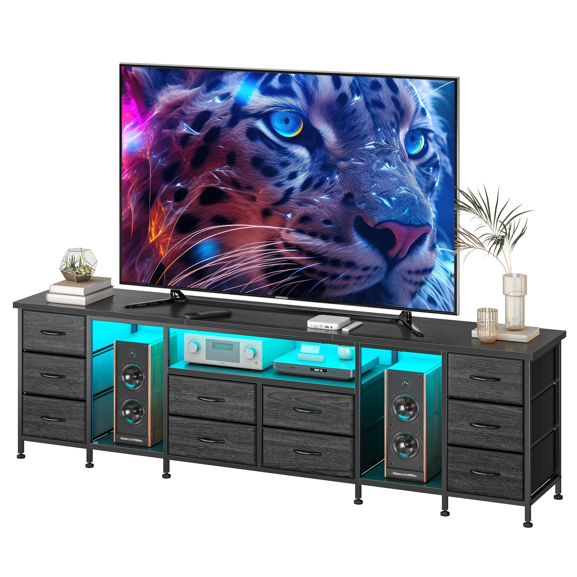 Fits 85" Tv Stand Dresser For 75 80 75.5" W Dresser Tv Stand For Bedroom With Outlets And 10 Drawers Brown Dresser For Bedroom Long Fabric Dresser Entertainment Center, Brown