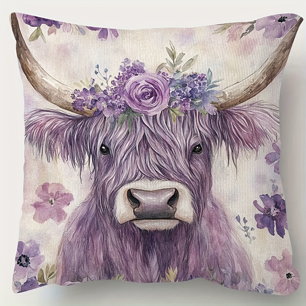 TEMU 1pc Boho Highland Cow Floral Pillow Cover, 18x18 Inch, Double-sided Print, Short Plush Decorative Cushion Case - Purple & Pink Flowers, Zipper