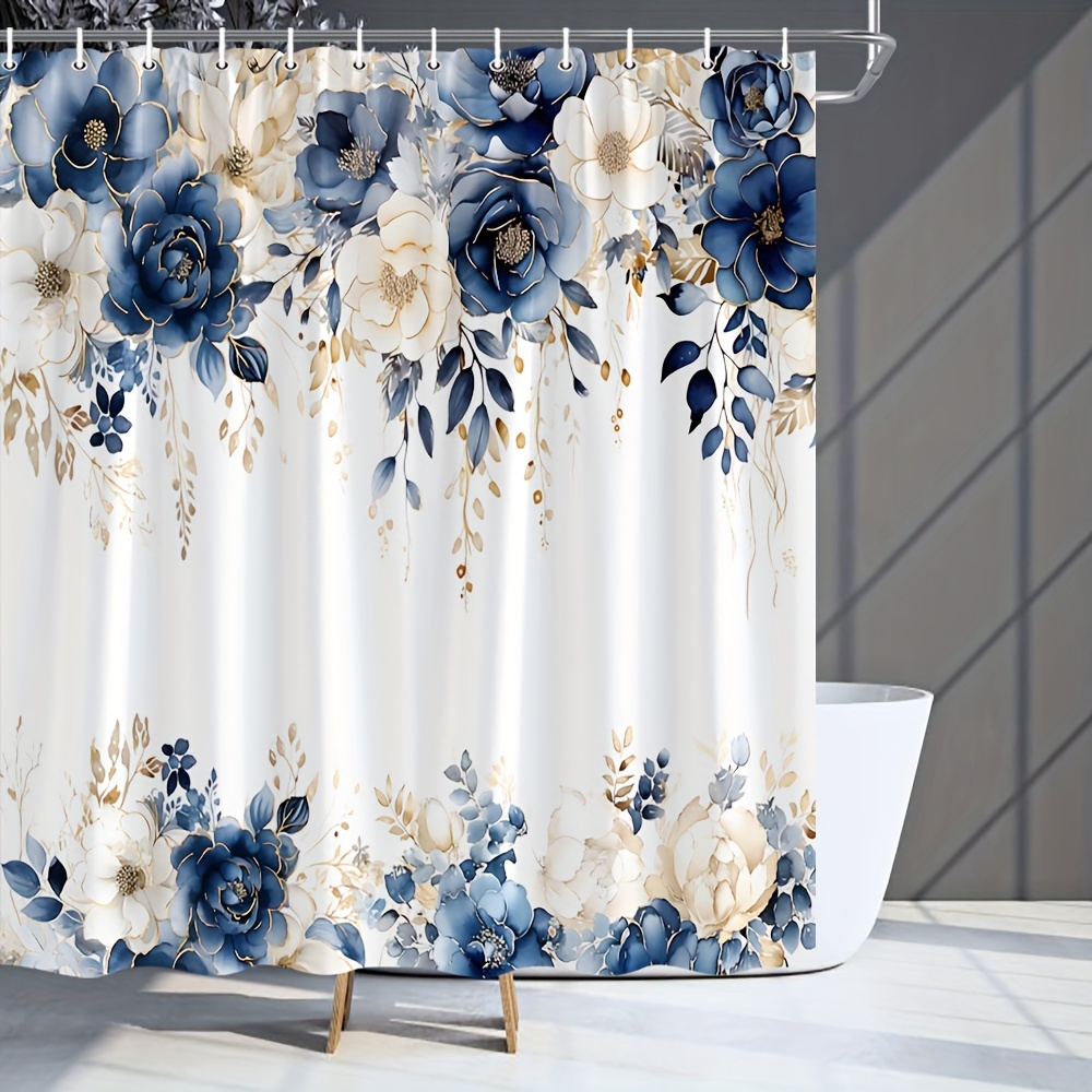 

1pc Blue Floral Pattern Shower Curtain With Hooks, Waterproof And Mildew Resistant Bath Partition Curtain, Decorative Bathtub Accessory For Home Bathroom Decor