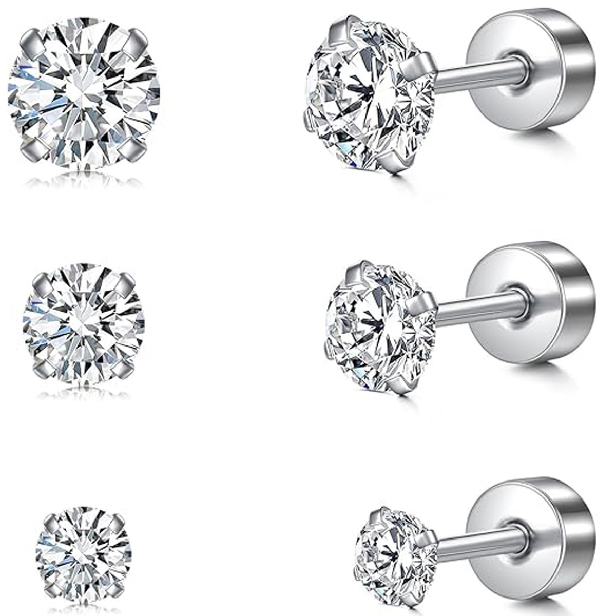 TEMU 2d Flat, 3 Pairs 20g Flat Back Stud Screw Back Earrings For Women Men Hypoallergenic Stainless Steel Helix Cartilage Second Hole Earrings Studs