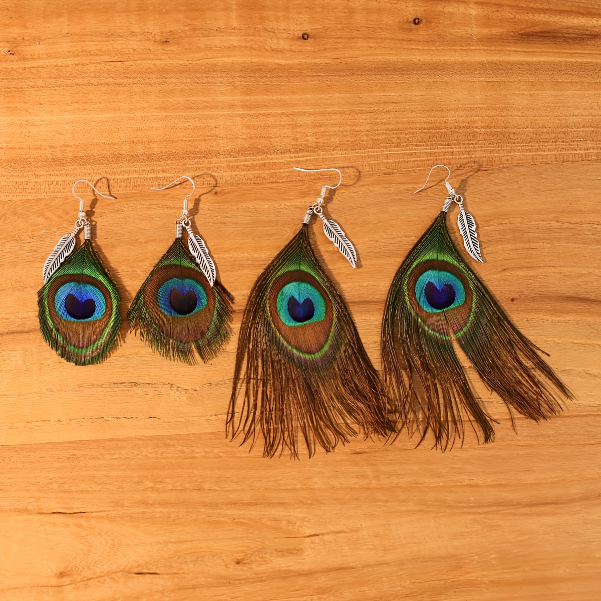 Bohemian Vintage Peacock Feather Earrings with Distressed Leaf Pendants