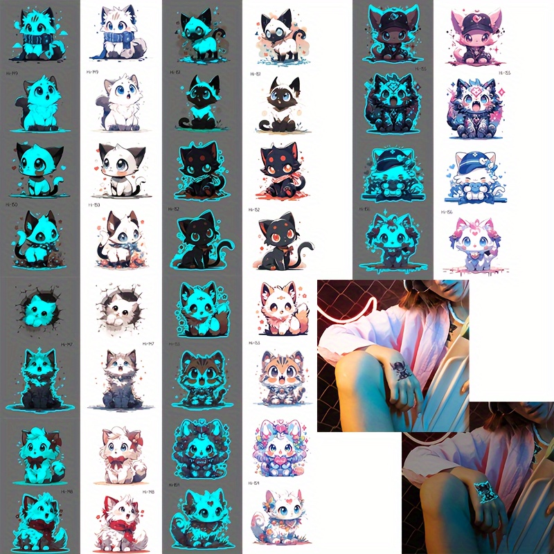 

10-pack Cartoon Cat Temporary Tattoos, Luminous Glow In The Dark, Mixed Style, Cat Party Favors, Birthday Supplies, Unisex, Waterproof And Sweatproof, Oblong Shape