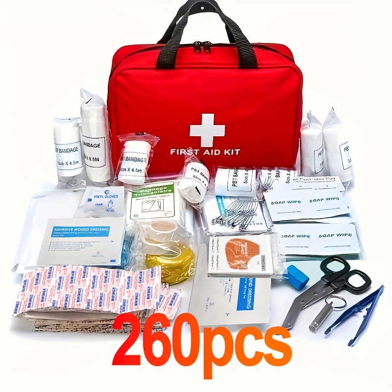 Deluxe 260pcs First Aid Kit - Essential Safety Supplies for Home, Outdoor Adventures & Camping - Portable with Scissors, Bandages, Tweezers - Red, No Magnesium Rod/Flint