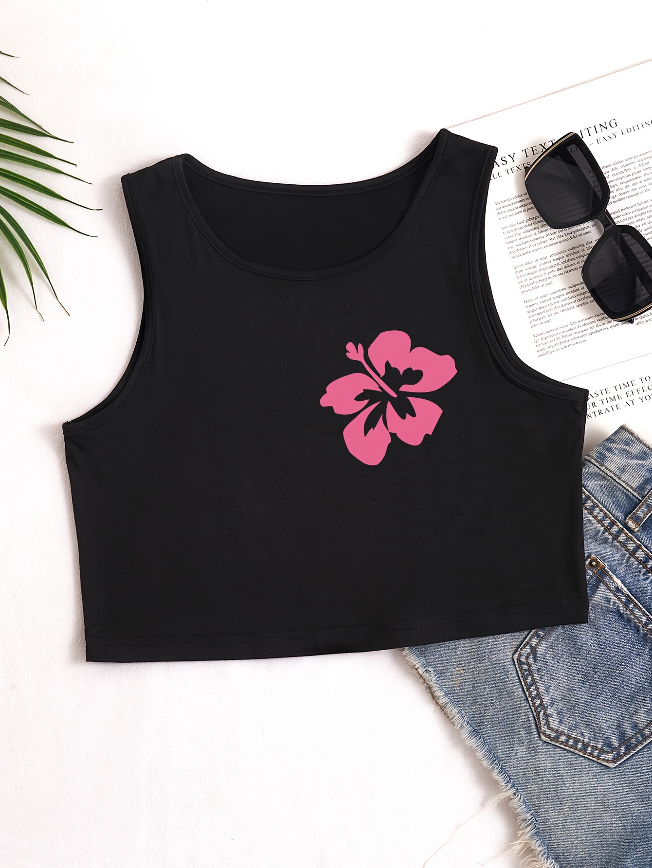 Flower Print Cute Crop Tank Top, Sleeveless Crew Neck Casual Top For Spring  & Summer, Women's Clothing - Temu Switzerland