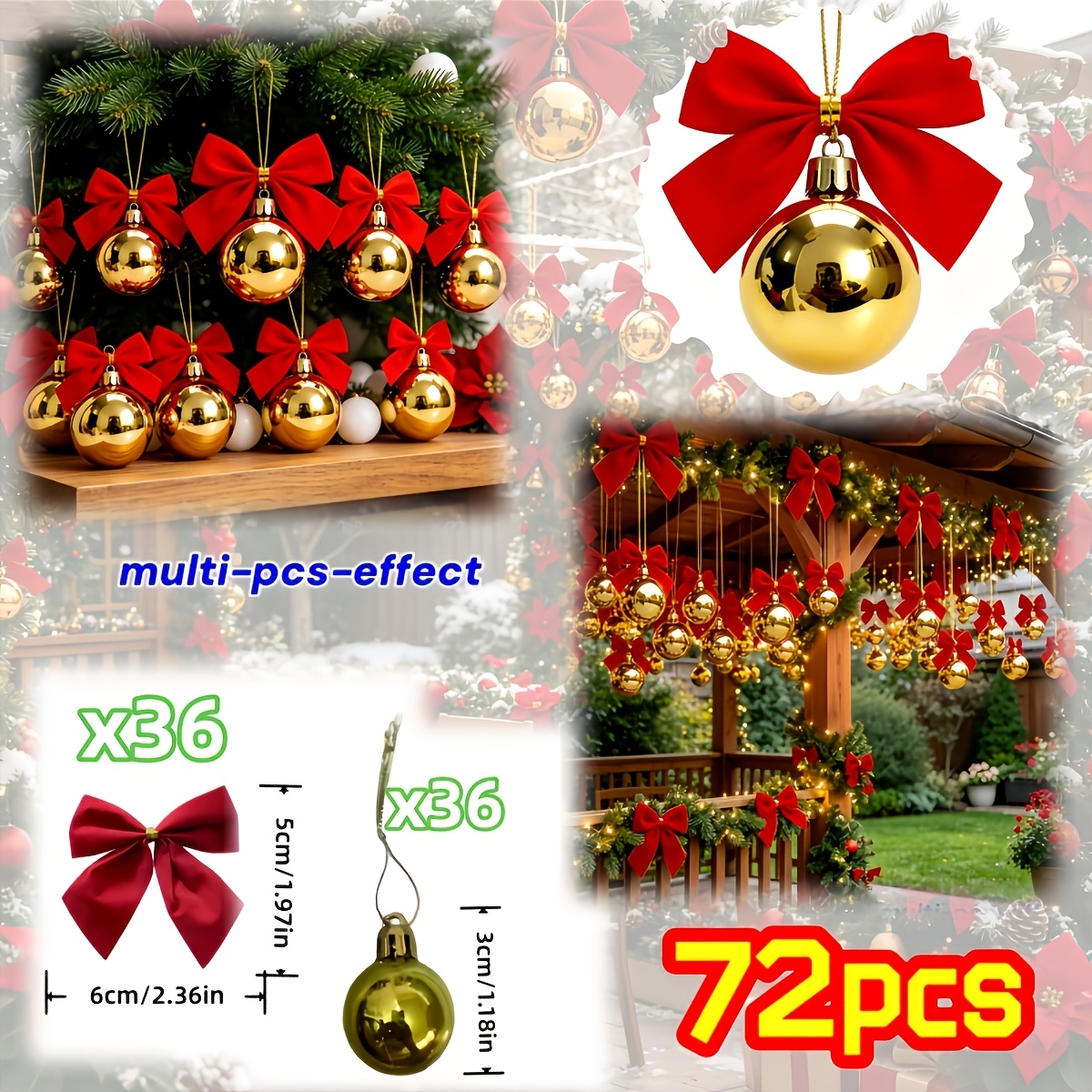 TEMU 72pcs Christmas Core Set - Golden Christmas With Red Bows. Red And Golden Color Scheme Perfectly Enhances The Festive And Luxurious Christmas